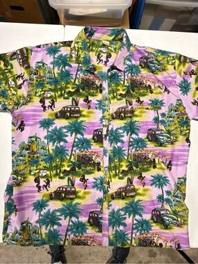 Tropical Print Casual Button-Down Shirt - Pink/Green